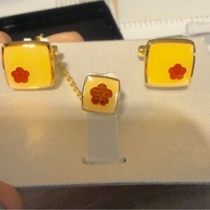 Yellow and Red Floral Cufflinks and Tie Pin Set